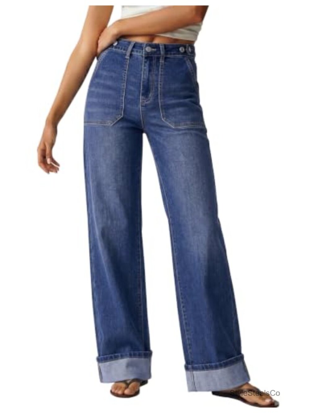 luvamia Wide Leg Jeans for Women Cuffed Hem Adjustable Waist Denim Pants